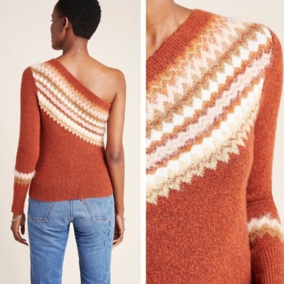 NWT Anthropologie "Vittoria Fair Isle" One Shoulder Sweater Wool Alpaca Blend XL - Picture 3 of 12